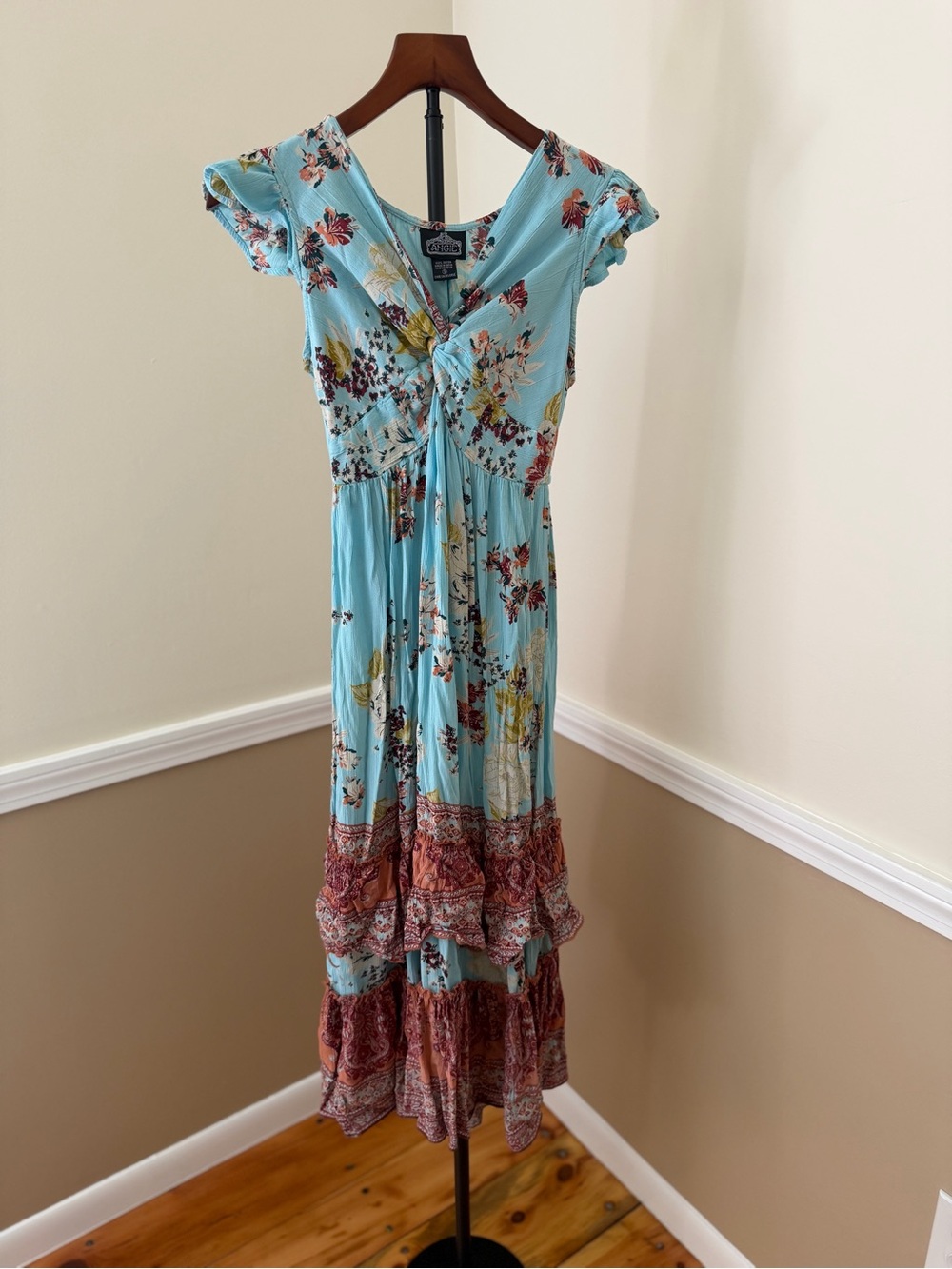 Light Blue Floral Tiered Maxi Dress with Knot Front 100% rayon made in India